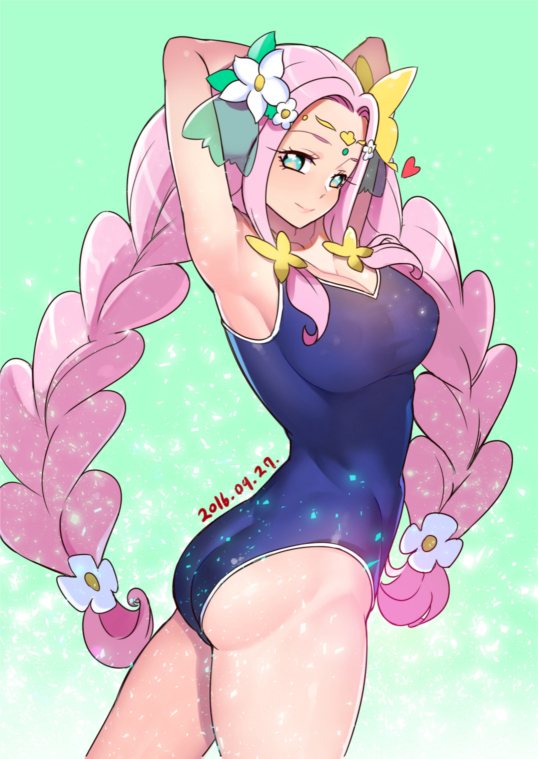 1girl, arms_up, braid, breasts, competition_swimsuit, cure_felice, flower, green_eyes