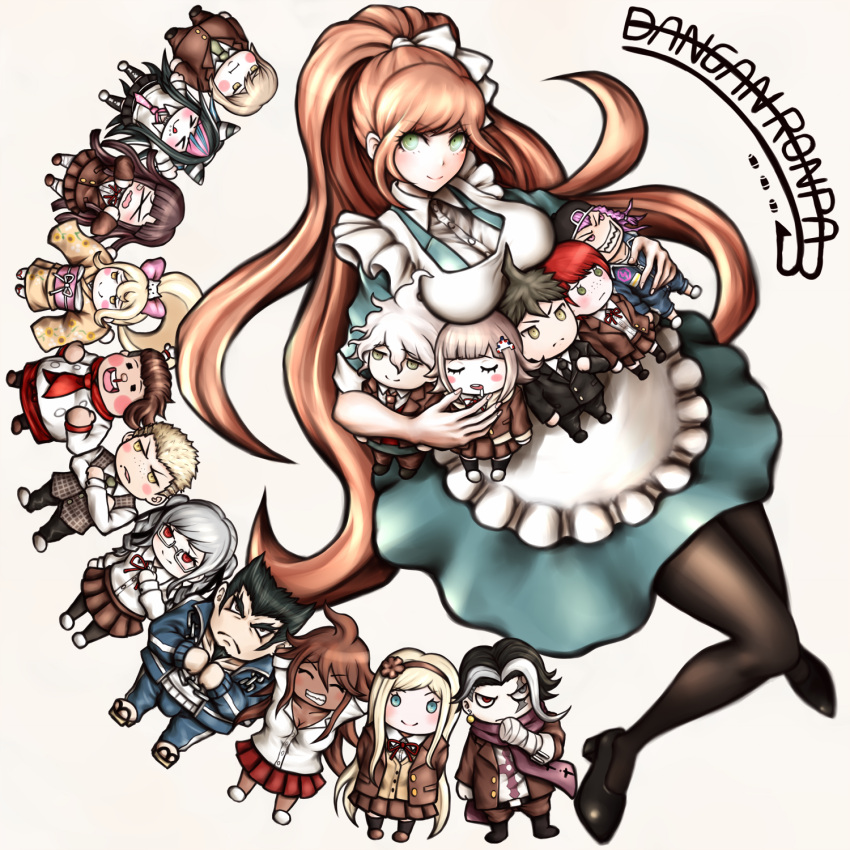 bandages, black_hair, blonde_hair, blue_eyes, blush, blush_stickers, bow, braid