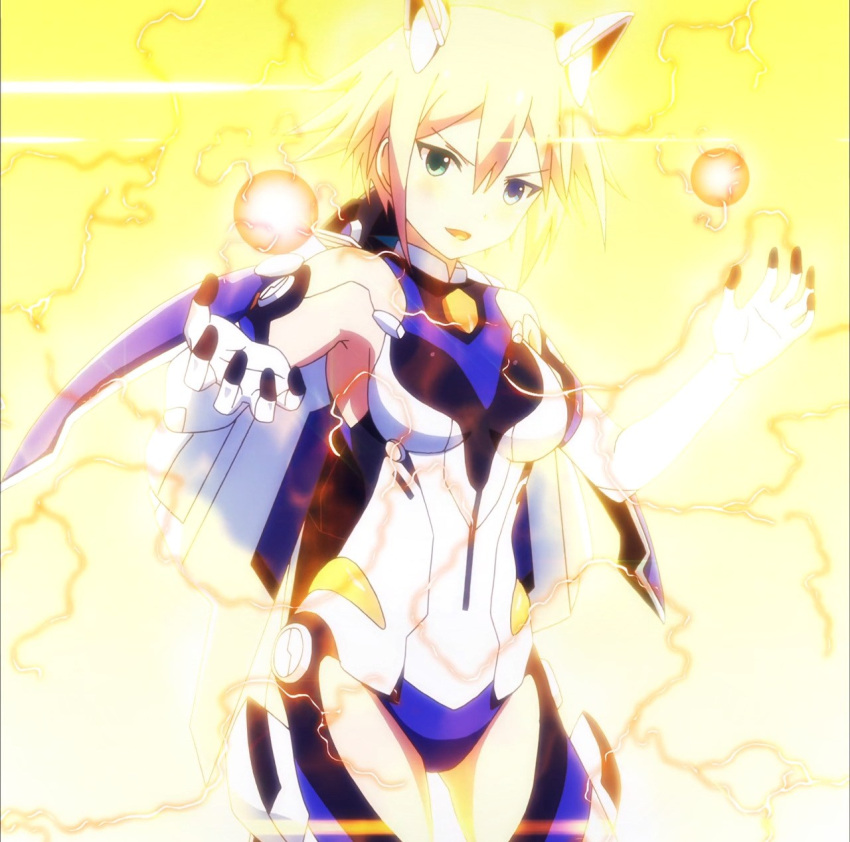 1girl, ange_vierge, blonde_hair, code_omega_77_stella, green_eyes, highres, mecha_musume, screencap