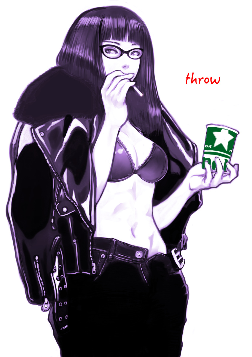 1girl, absurdres, bangs, blunt_bangs, bra, breasts, cigarette, coat