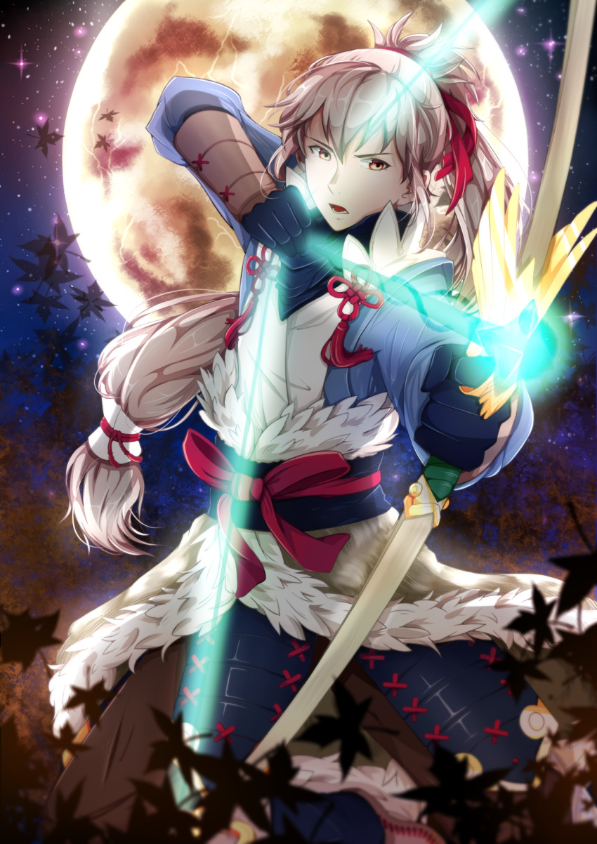 1boy, \r\n, bow_(weapon), fire_emblem, fire_emblem_fates, full_moon, fur_trim, gloves