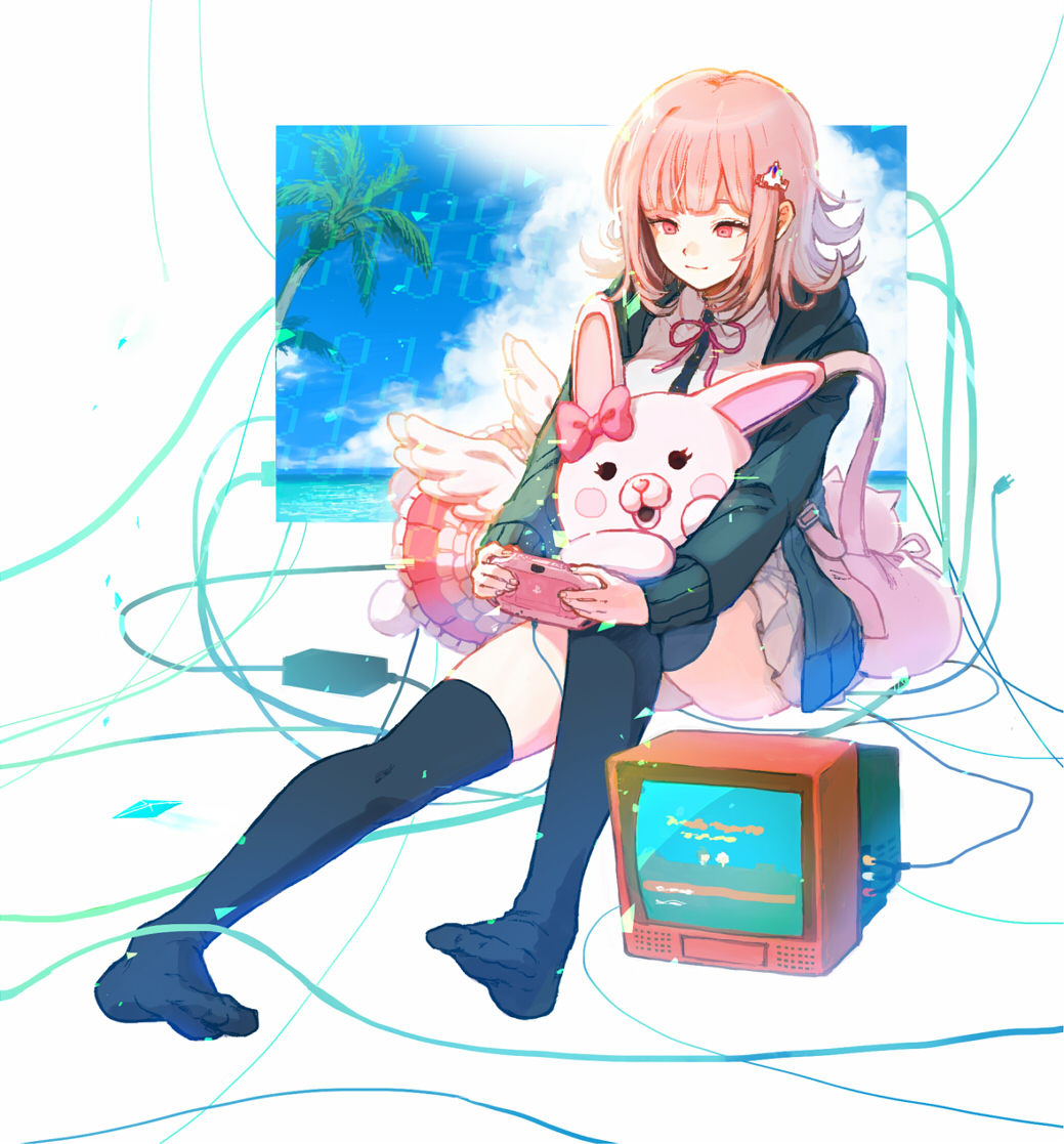 1girl, backpack, bag, binary, dangan_ronpa, flipped_hair, game_console, hair_ornament, hood, hoodie, monomi_(dangan_ronpa), nanami_chiaki, pink_eyes, pink_hair, short_hair, sitting, smile, super_dangan_ronpa_2, tomi_(dangan_tomi)