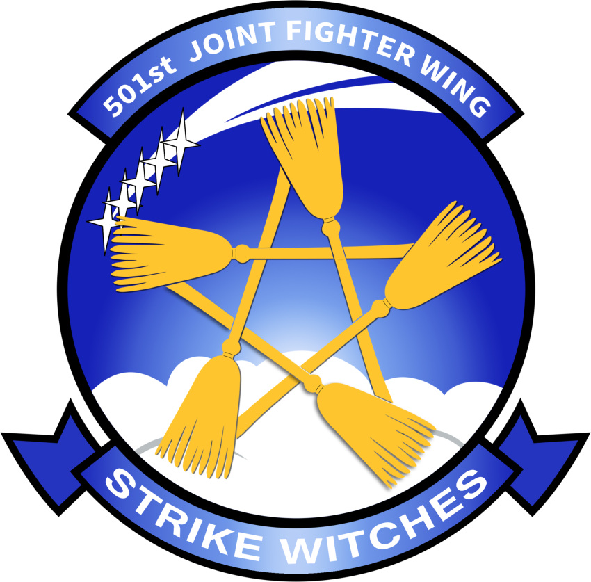 501st_joint_fighter_wing_(emblem), broom, close-up, clouds, condensation_trail, emblem, english, heita0524