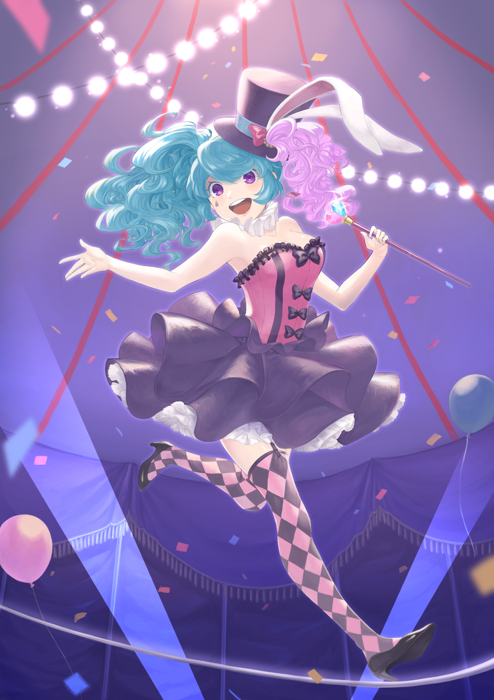 1girl, :d, animal_ears, aqua_hair, balloon, bare_shoulders, black_hat, black_shoes