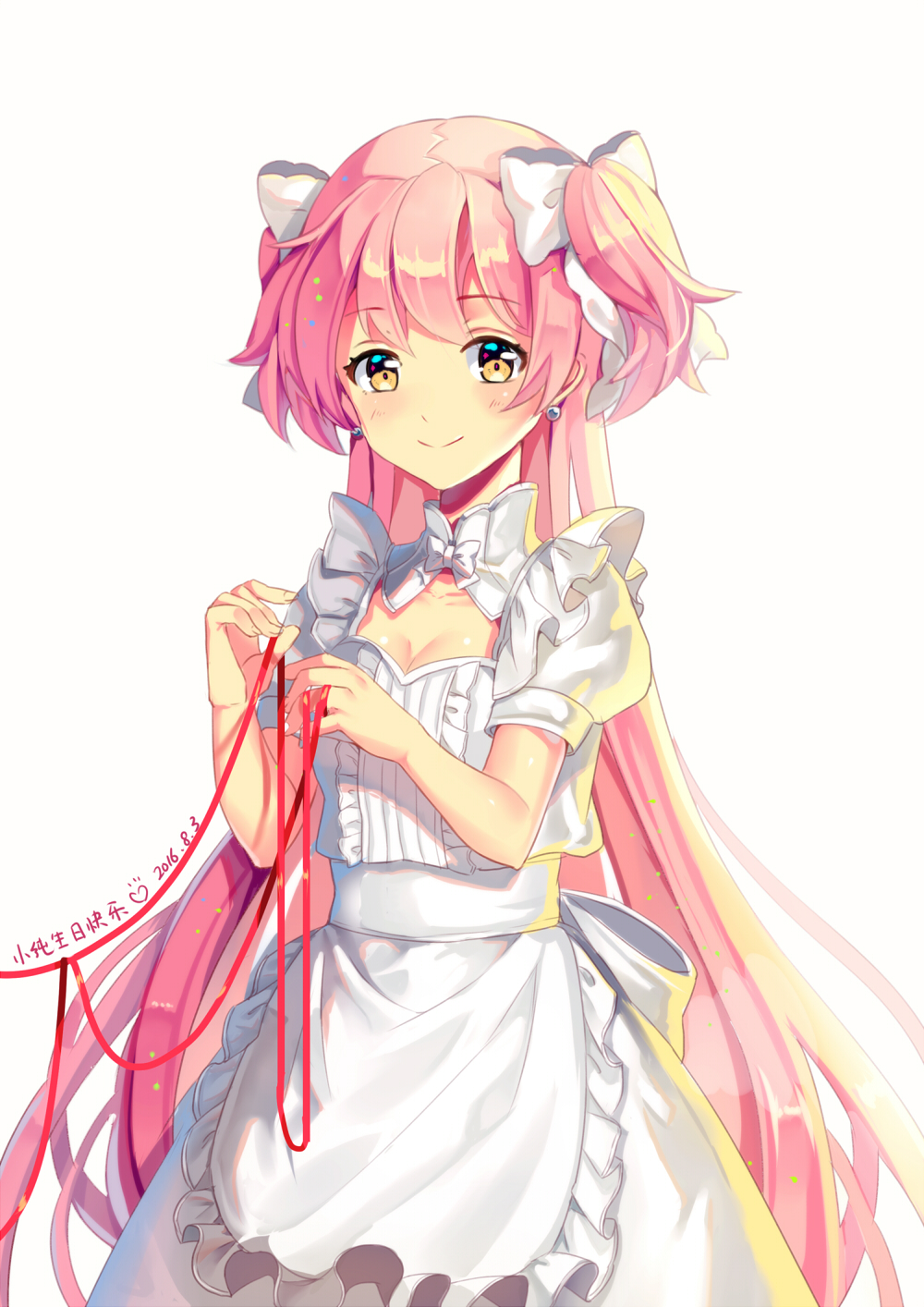 1girl, apron, bow, cleavage_cutout, dated, duzie_e, earrings, frills