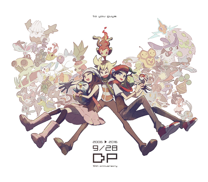 1girl, 2boys, anniversary, beanie, bidoof, black_hair, blonde_hair, blue_eyes