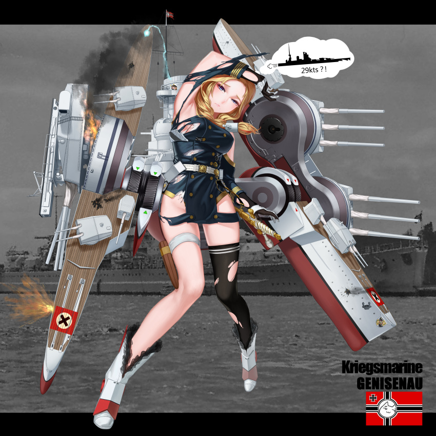 1girl, absurdres, arm_over_head, armpits, black_legwear, blonde_hair, blue_eyes, boots, bra, bra_slip, breasts, cannon, character_name, commentary_request, explosion, fire, flare, flare_gun, full_body, gloves, gneisenau, gneisenau_(zhan_jian_shao_nyu), highres, large_breasts, machinery, military, military_uniform, military_vehicle, multicolored_gloves, nazi_flag, nazi_war_ensign, official_art, photo_background, rail_(silverbow), rodney_(battleship), rudder_shoes, scabbard, sheath, sheathed, ship, shirt, silhouette, single_thighhigh, smoke, solo, sword, tears, text, thigh-highs, thigh_strap, thought_bubble, torn_clothes, torn_shirt, torn_thighhighs, turret, underwear, uniform, watercraft, weapon, white_bra, zhan_jian_shao_nyu