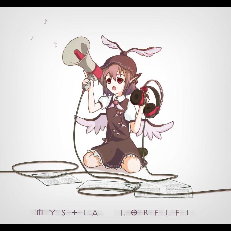 bad_id, brown_hair, hat, headphones, kneeling, megaphone, musical_note, mystia_lorelei