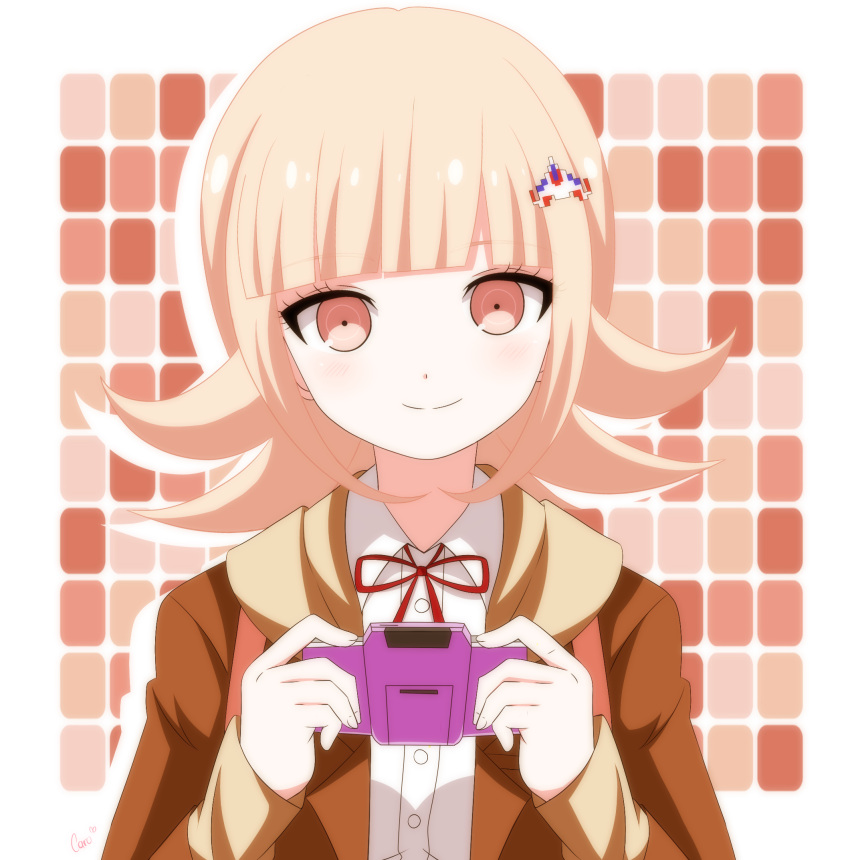 1girl, caro-xy, dangan_ronpa, dangan_ronpa_3, flipped_hair, game_console, hair_ornament, highres