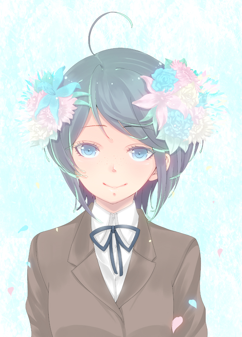 1girl, black_hair, blue_eyes, dangan_ronpa, dangan_ronpa_1, flower, freckles, hair_flower, hair_ornament, ikusaba_mukuro, ohlala, school_uniform, short_hair, smile, solo