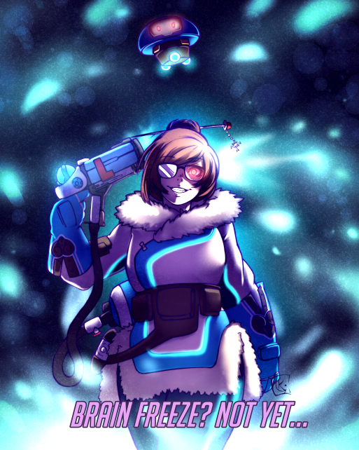 1girl, arisato_minato, bangs, beads, belt, belt_pouch, black-framed_eyewear, blue_gloves, blue_legwear, boots, brown_boots, brown_hair, canister, canteen, coat, cowboy_shot, crazy_eyes, crazy_grin, drone, energy_gun, english, eyebrows, eyebrows_visible_through_hair, fang, finger_on_trigger, floating, fur-lined_boots, fur-lined_jacket, fur_boots, fur_coat, fur_trim, glasses, gloves, glowing, glowing_eyes, grin, gun, hair_bun, hair_ornament, hair_stick, handgun, hands_up, holding, holding_gun, holding_weapon, hose, kyoute, legs_together, looking_at_viewer, machinery, mei_(overwatch), open_mouth, overwatch, parka, parody, persona, persona_3, print_legwear, ray_gun, red_eyes, robot, short_hair, sidelocks, smile, snowflake_hair_ornament, solo, standing, swept_bangs, teeth, utility_belt, weapon, winter_clothes, winter_coat, yuuki_makoto