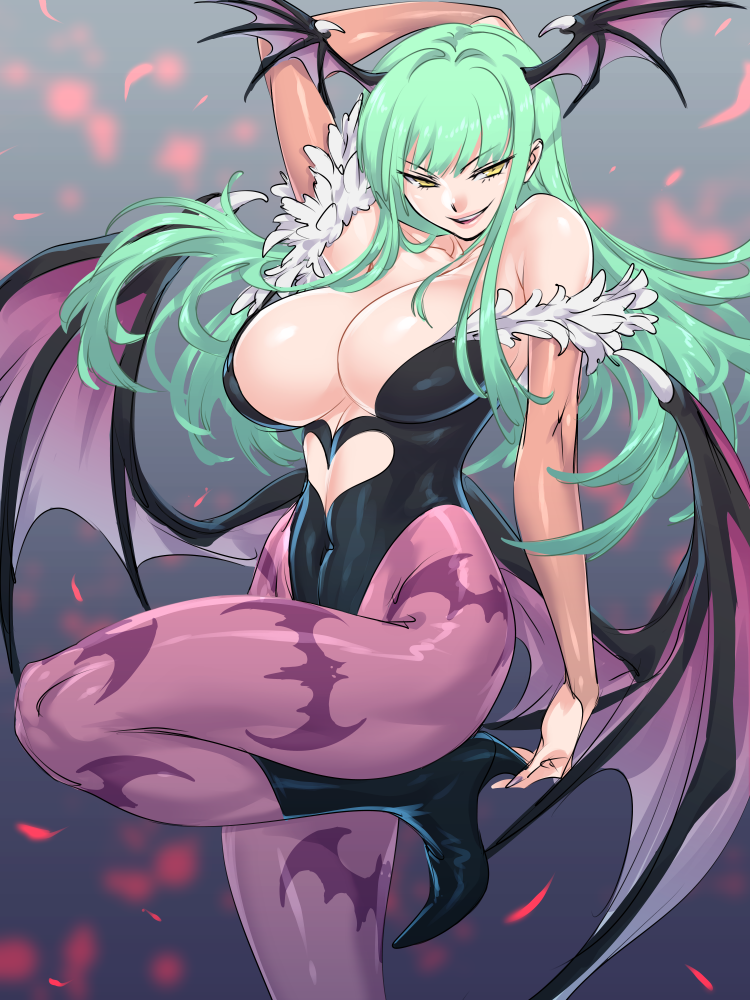 >:), 1girl, arm_behind_head, arm_up, bare_shoulders, bat_print, bat_wings, black_boots, black_leotard, boots, breasts, bridal_gauntlets, cleavage, collarbone, commentary_request, covered_navel, demon_girl, evil_smile, green_hair, head_wings, heart_cutout, high_heel_boots, high_heels, highleg, highleg_leotard, large_breasts, leg_up, leotard, long_hair, looking_at_viewer, morrigan_aensland, pantyhose, parted_lips, print_legwear, purple_legwear, sidelocks, smile, solo, succubus, taka-michi, teeth, tsurime, vampire_(game), wings, yellow_eyes