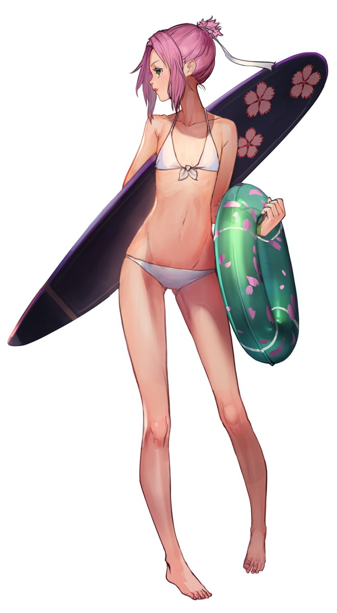 1girl, barefoot, bikini, flat_chest, green_eyes, haruno_sakura, highres, innertube, masashi_(excellent), naruto, pink_hair, ponytail, profile, short_hair, short_ponytail, solo, standing, surfboard, swimsuit, white_bikini