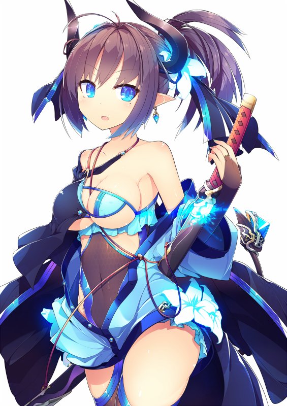 1girl, asymmetrical_clothes, bangs, bare_shoulders, between_breasts, blue_eyes, breasts, bridal_gauntlets