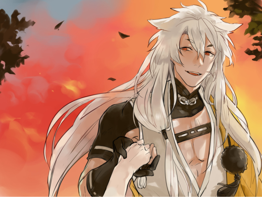 1boy, black_gloves, dgx_(hovan), fangs, gloves, holding_hands, igote, japanese_clothes