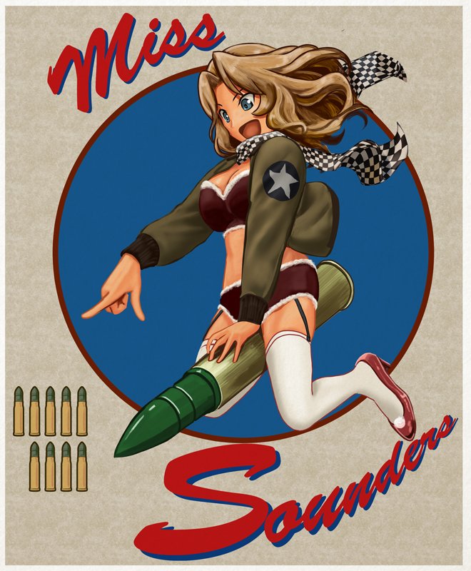 1girl, abazu-red, blonde_hair, bra, checkered_scarf, dr._strangelove, garter_straps, girls_und_panzer