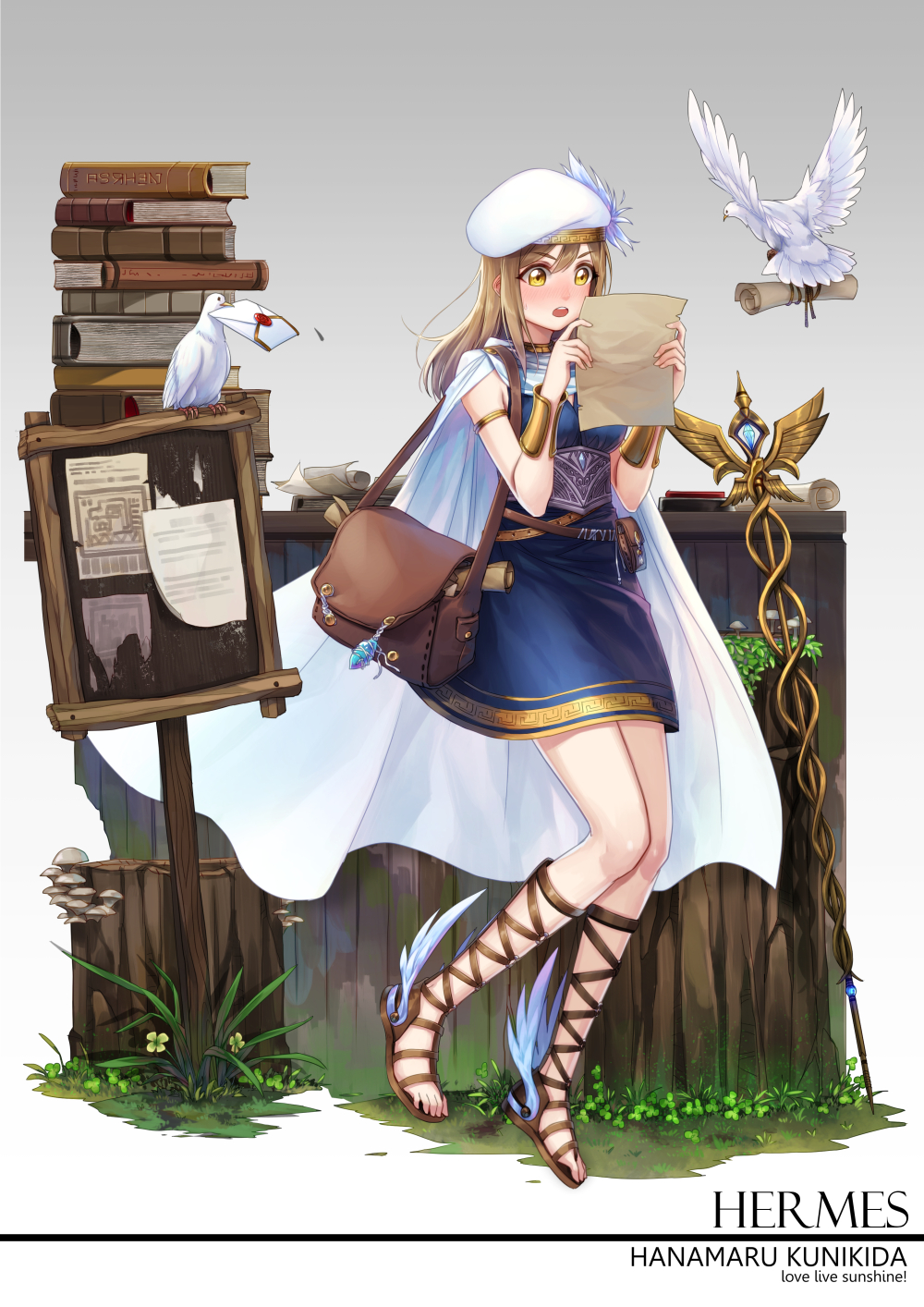 1girl, :o, arm_guards, armlet, bag, belt, belt_pouch, beret, bird, blue_dress, blush, board, book_stack, breasts, brown_hair, character_name, clover, copyright_name, crystal, curry_bowl, dove, dress, envelope, flower, full_body, fur_trim, gradient, gradient_background, grass, greek_mythology, grey_background, hat, hermes_(mythology), highres, kunikida_hanamaru, letter, long_hair, love_live!, love_live!_sunshine!!, medium_breasts, mushroom, paper, plant, reading, sandals, scroll, shoes, short_dress, shoulder_bag, sleeveless, staff, standing, string, surprised, torn_paper, tree_stump, white_cape, white_hat, winged_shoes, wings, yellow_eyes