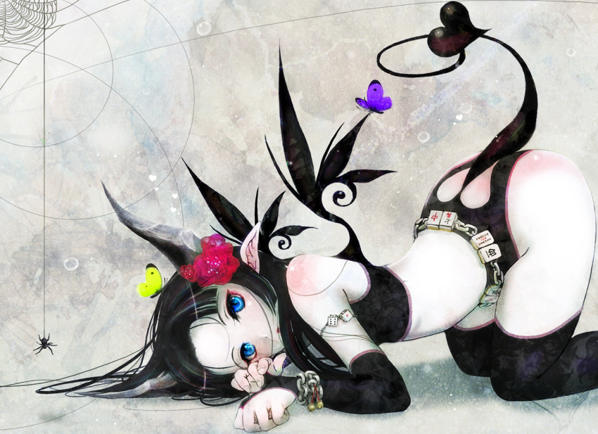 arachnid, black_hair, black_legwear, black_thighhighs, blue_eyes, body_blush, bridal_gauntlets, butterfly
