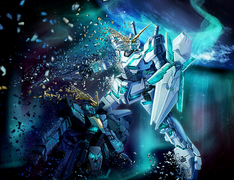 beam_rifle, destruction, energy_gun, glowing, gundam, gundam_unicorn, mecha, no_humans