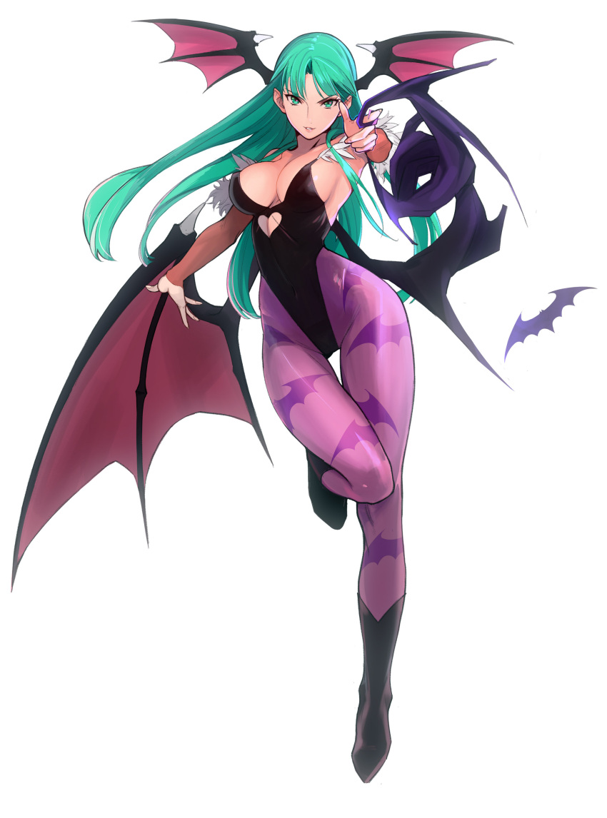 1girl, absurdres, armpits, ass_visible_through_thighs, asymmetrical_wings, bangs, bare_shoulders, bat, bat_print, bat_wings, black_boots, black_leotard, boots, breasts, bridal_gauntlets, cleavage, commentary_request, covered_navel, covered_nipples, demon_girl, feathers, fingernails, full_body, green_eyes, green_hair, grin, hair_over_shoulder, head_wings, heart_cutout, highres, hips, large_breasts, leg_lift, leotard, long_fingernails, long_hair, looking_at_viewer, morrigan_aensland, one_leg_raised, outstretched_arms, pantyhose, parted_bangs, pointing, pointing_at_viewer, pointy_ears, print_legwear, purple_legwear, short_pointy_ears, sideboob, simple_background, smile, solo, standing, standing_on_one_leg, succubus, tail, tail_wrap, tetsu_(kimuchi), thigh_gap, vampire_(game), very_long_hair, white_background, wide_hips, wings