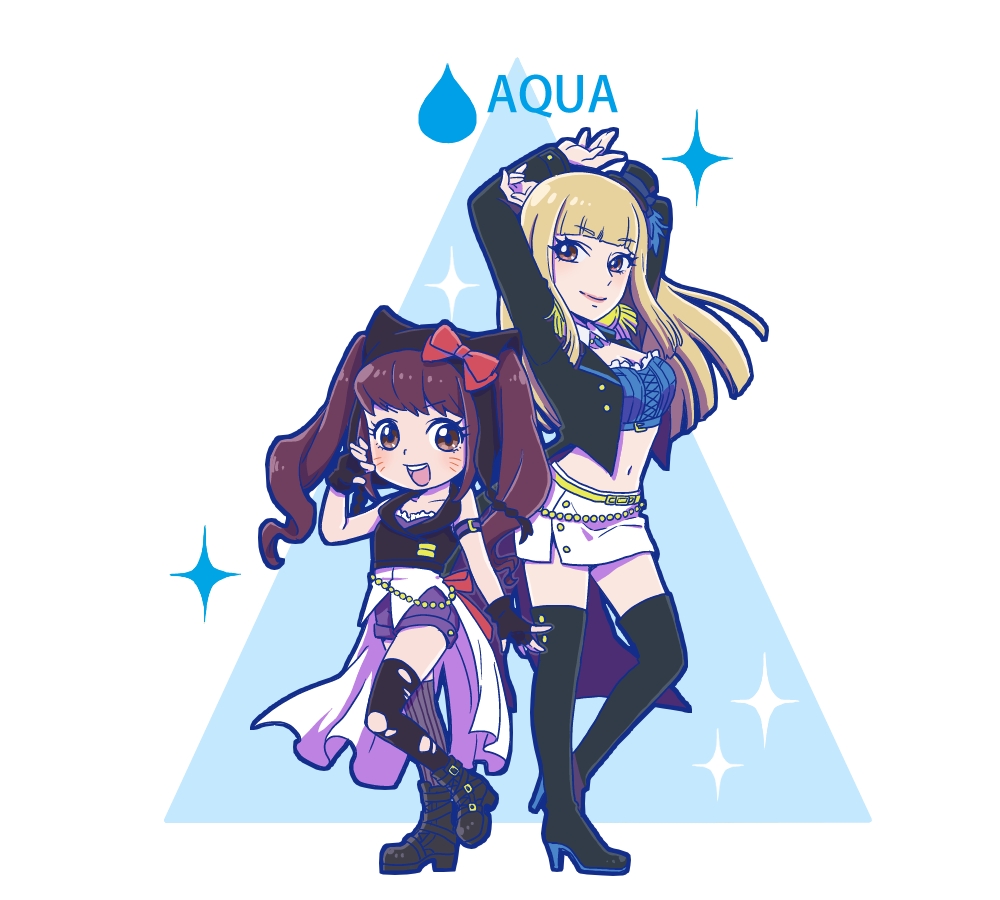 2girls, :d, ankle_boots, arm_belt, arms_up, asymmetrical_legwear, bangs, beads