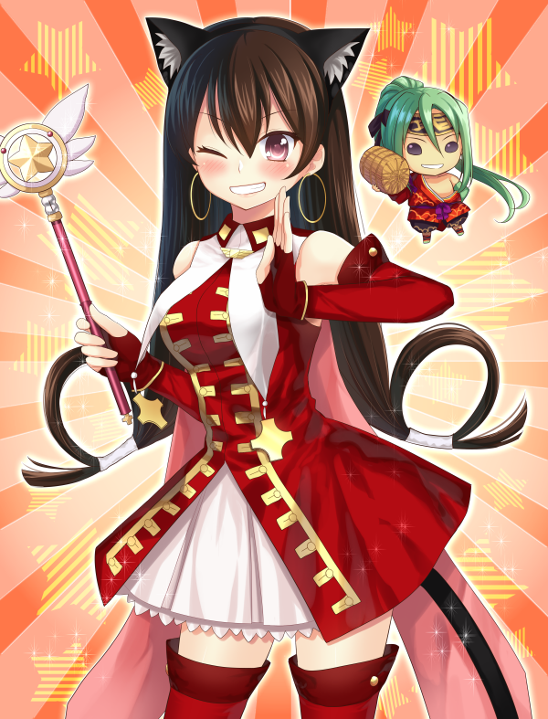 1boy, 1girl, animal_ears, brown_hair, bushel, cat_ears, cat_tail, chibi