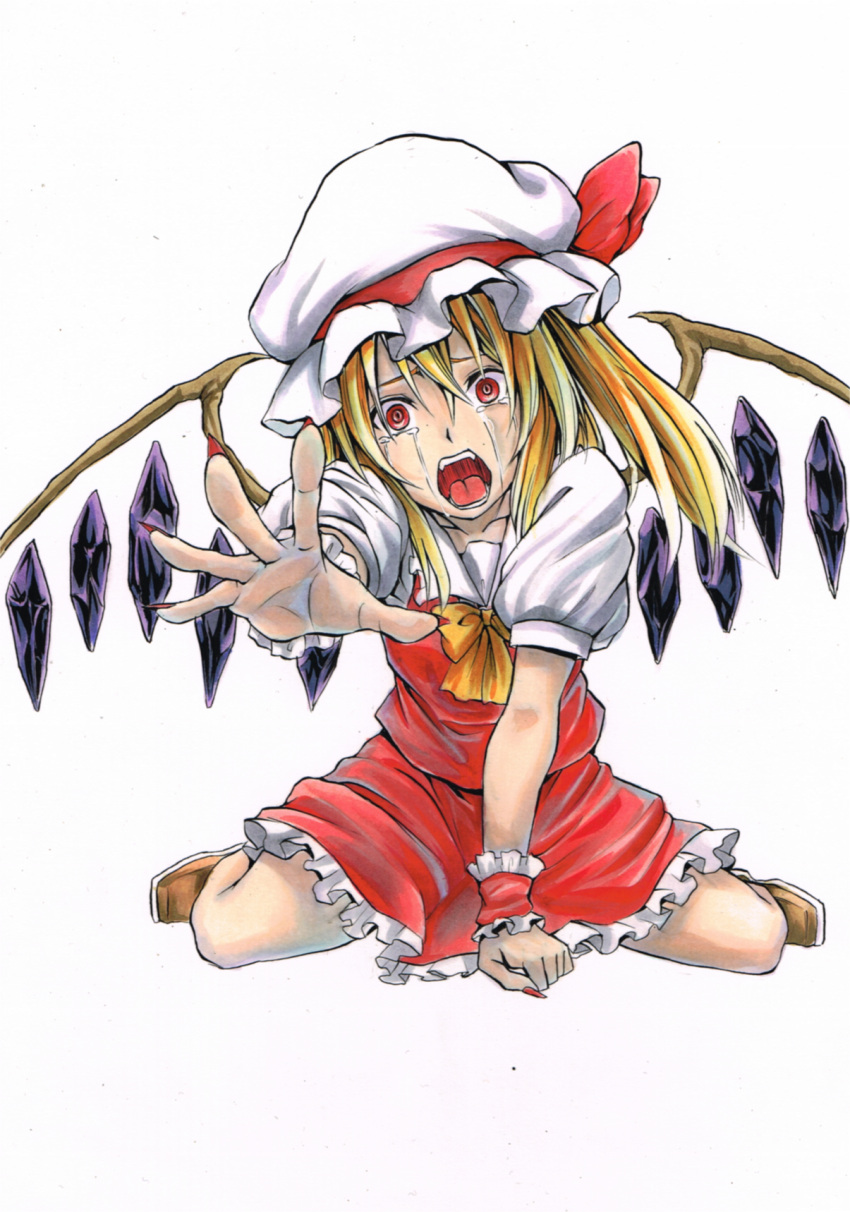 1girl, alternate_wing_color, blonde_hair, crying, crying_with_eyes_open, crystal, flandre_scarlet, frilled_skirt