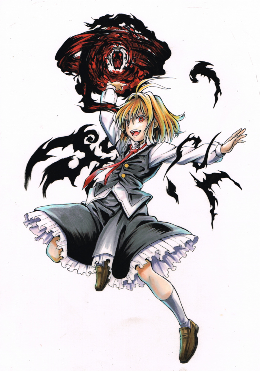 :d, arm_up, blonde_hair, darkness, ex-rumia, frilled_skirt, frills, highres, koji_(koji-a), necktie, open_mouth, red_eyes, rumia, shirt, short_hair, skirt, smile, touhou, vest