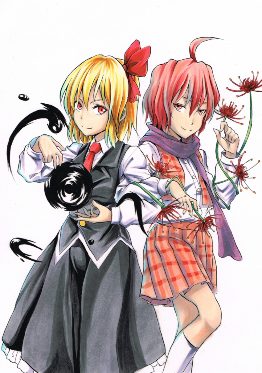 2girls, ahoge, blonde_hair, character_request, copyright_request, darkness, flower, frilled_skirt