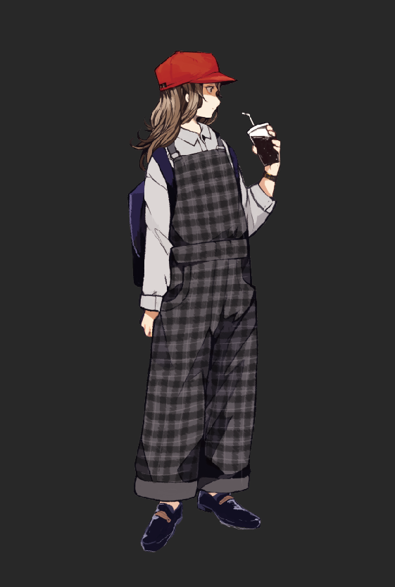 1girl, arm_at_side, backpack, bag, baseball_cap, blue_shoes, brown_hair, closed_mouth
