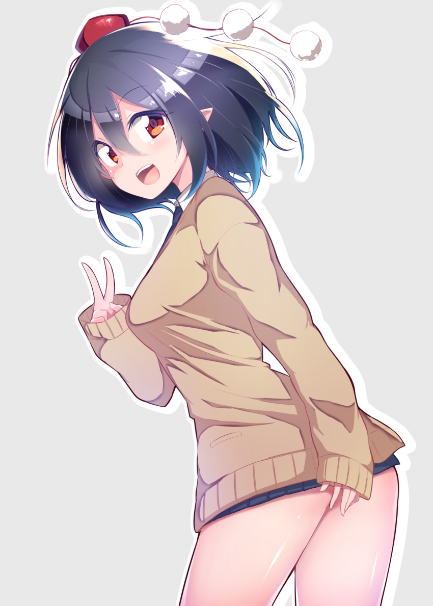 1girl, :d, arm_at_side, bangs, black_hair, black_necktie, black_skirt, blush