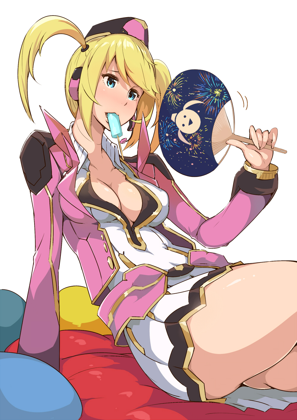 1girl, arm_support, ass, blonde_hair, blue_eyes, breasts, cleavage, fanning_face