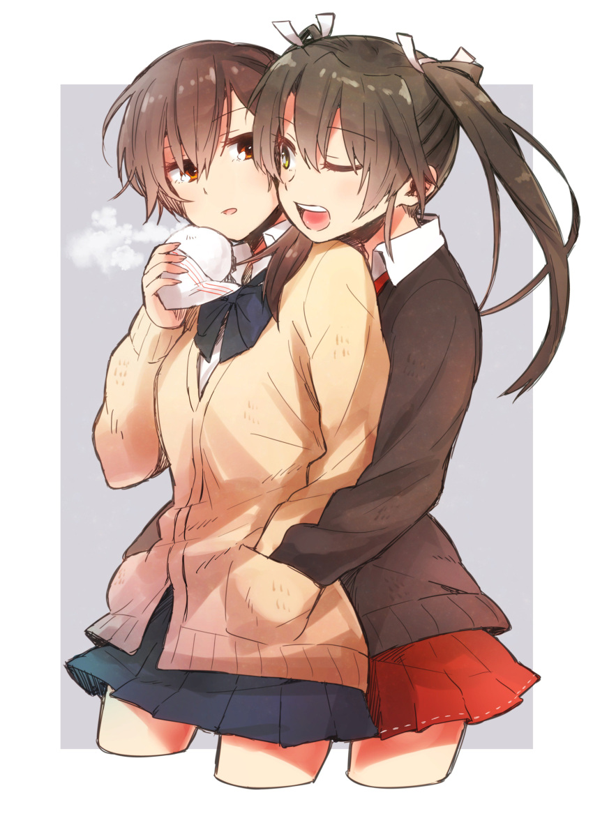 2girls, absurdres, alternate_costume, baozi, blue_bow, blush, bow, bowtie