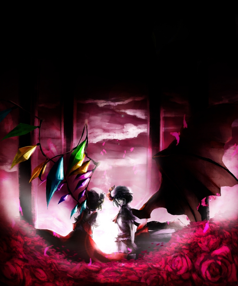 bad_id, bat_wings, blonde_hair, collie, flandre_scarlet, flower, hat, multiple_girls