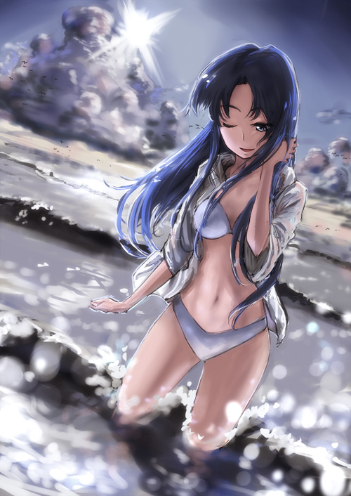 bikini, blue_eyes, blue_hair, dutch_angle, hoodie, kawashima_ami, long_hair, miyatsuka_ringorou