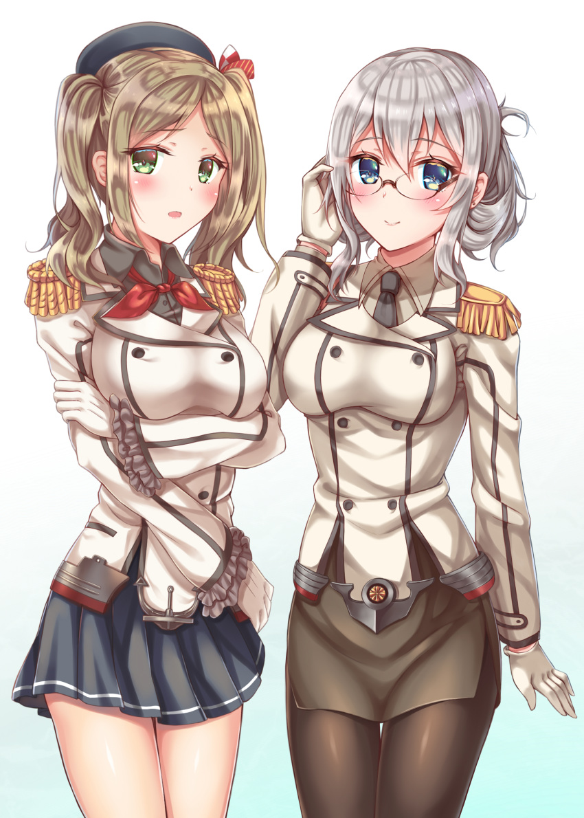 absurdres, alternate_costume, alternate_hairstyle, beret, black_legwear, blue_eyes, blush, breasts