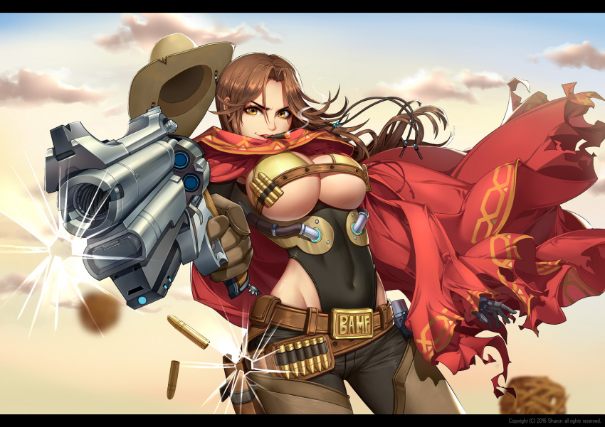 1girl, 2016, aiming_at_viewer, basket, beads, belt_buckle, belt_pouch, black_pants