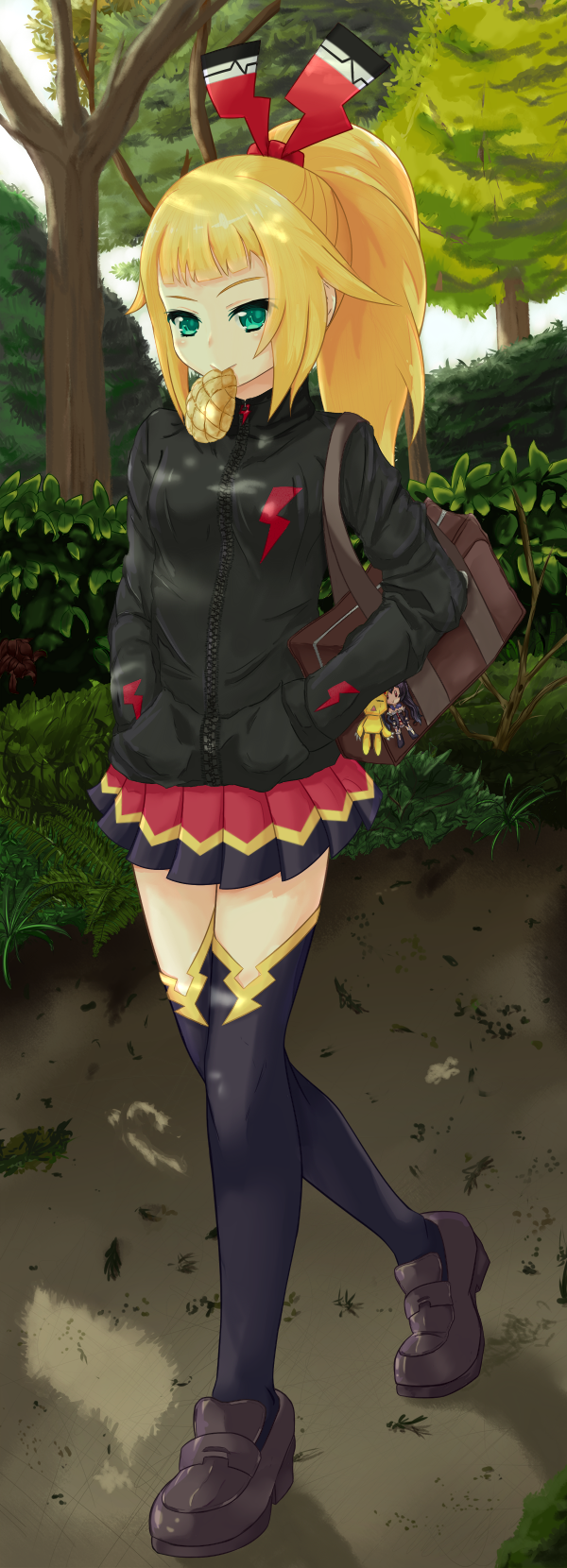 1girl, blonde_hair, chaoschao, dengekiko, green_eyes, highres, jacket, long_hair
