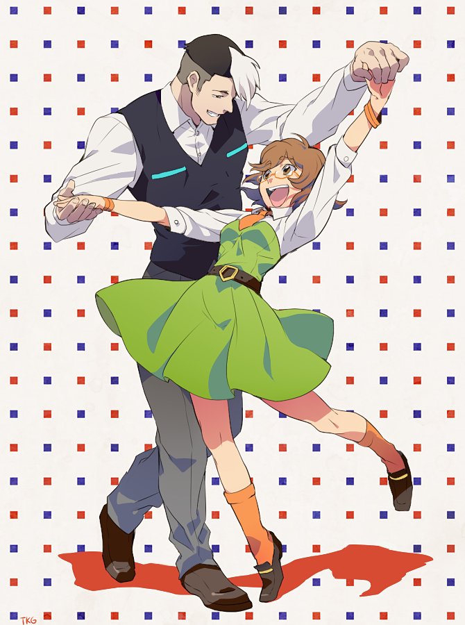 1boy, 1girl, :d, artist_name, belt, brown_eyes, brown_hair, dancing, dress, flipped_hair, full_body, grin, height_difference, holding_hands, hyakujuu-ou_golion, looking_at_another, multicolored_hair, open_mouth, pale_skin, patterned_background, pidge_gundarsson, smile, socks, t_k_g, takashi_shirogane, two-tone_hair, voltron:_legendary_defender