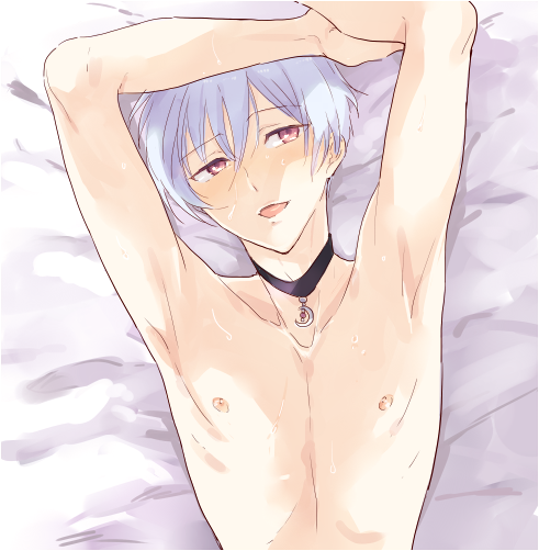1boy, arms_up, azuki_(aduki), bed_sheet, beppu_akihiko, binan_koukou_chikyuu_bouei-bu_love!, blue_hair, choker