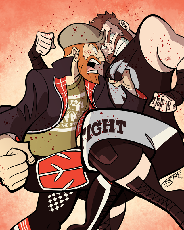 2boys, artist_name, bandages, beard, blood, blood_splatter, boots, brown_hair