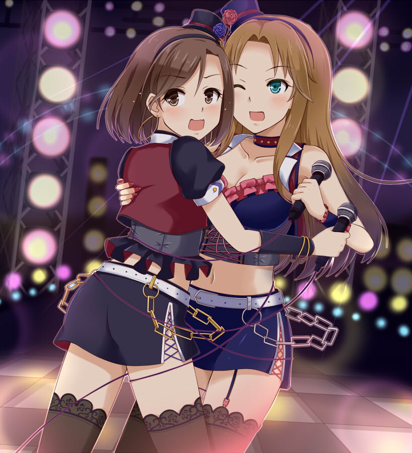2girls, aqua_eyes, blurry, breasts, brown_eyes, brown_hair, checkered, checkered_floor