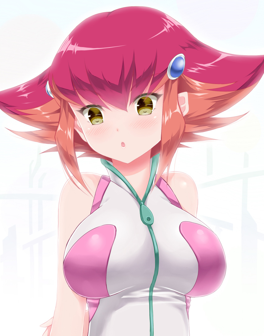 1girl, :o, arm_at_side, bangs, bare_shoulders, blush, breasts, hair_between_eyes, hair_ornament, highres, karucho, kouzuki_anna, looking_at_viewer, medium_breasts, multicolored_hair, orange_hair, pink_hair, short_hair, sidelocks, sleeveless, solo, two-tone_hair, upper_body, white_background, yellow_eyes, yuu-gi-ou, yuu-gi-ou_zexal, zipper