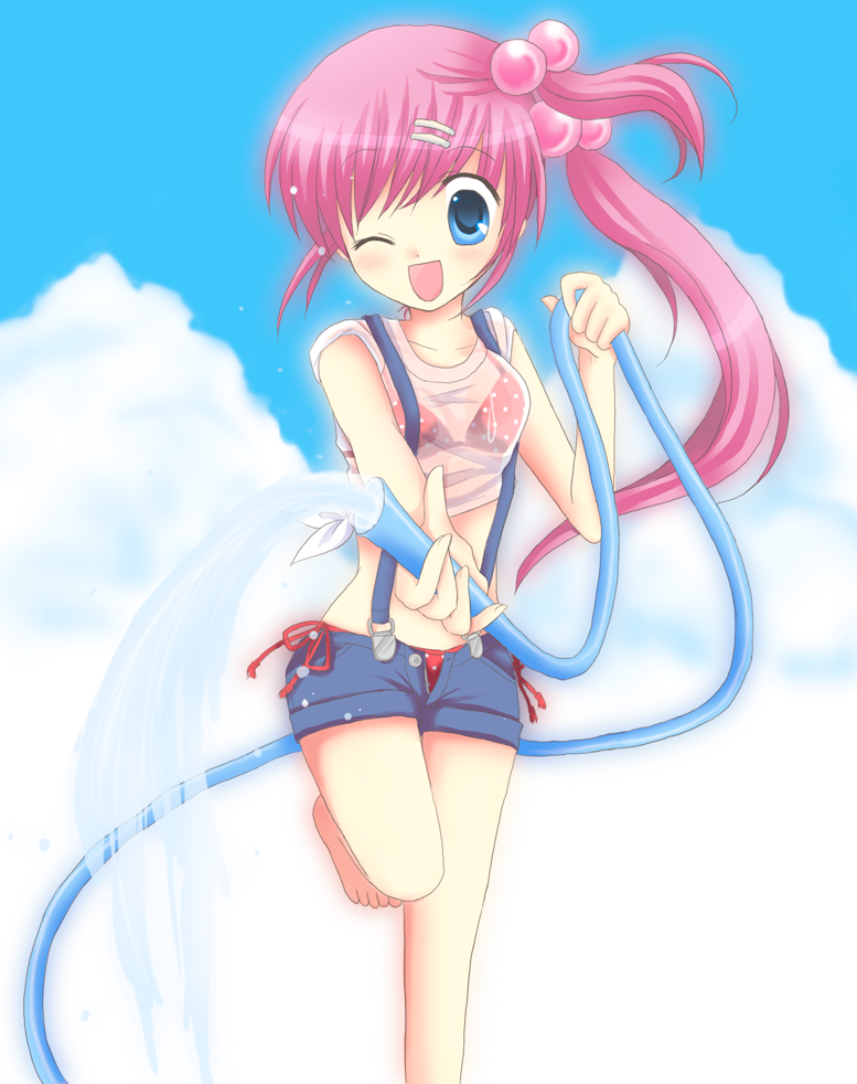 bikini, blue_eyes, denim, denim_shorts, hair_bobbles, hair_ornament, hose, little_busters!