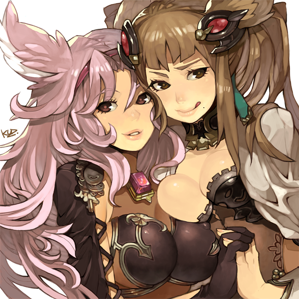 2girls, animal_ears, breast_press, brown_hair, cat_ears, catharine_(granblue_fantasy), erun_(granblue_fantasy), eyebrows