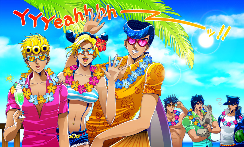 abs, adjusting_sunglasses, anchor_symbol, animal, blonde_hair, blue_hair, blue_nails, blue_sky