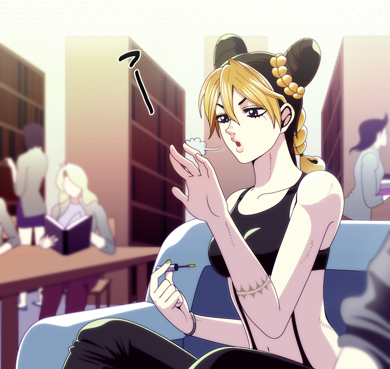 1girl, black_hair, blonde_hair, blowing, blurry, book, bookshelf, braid
