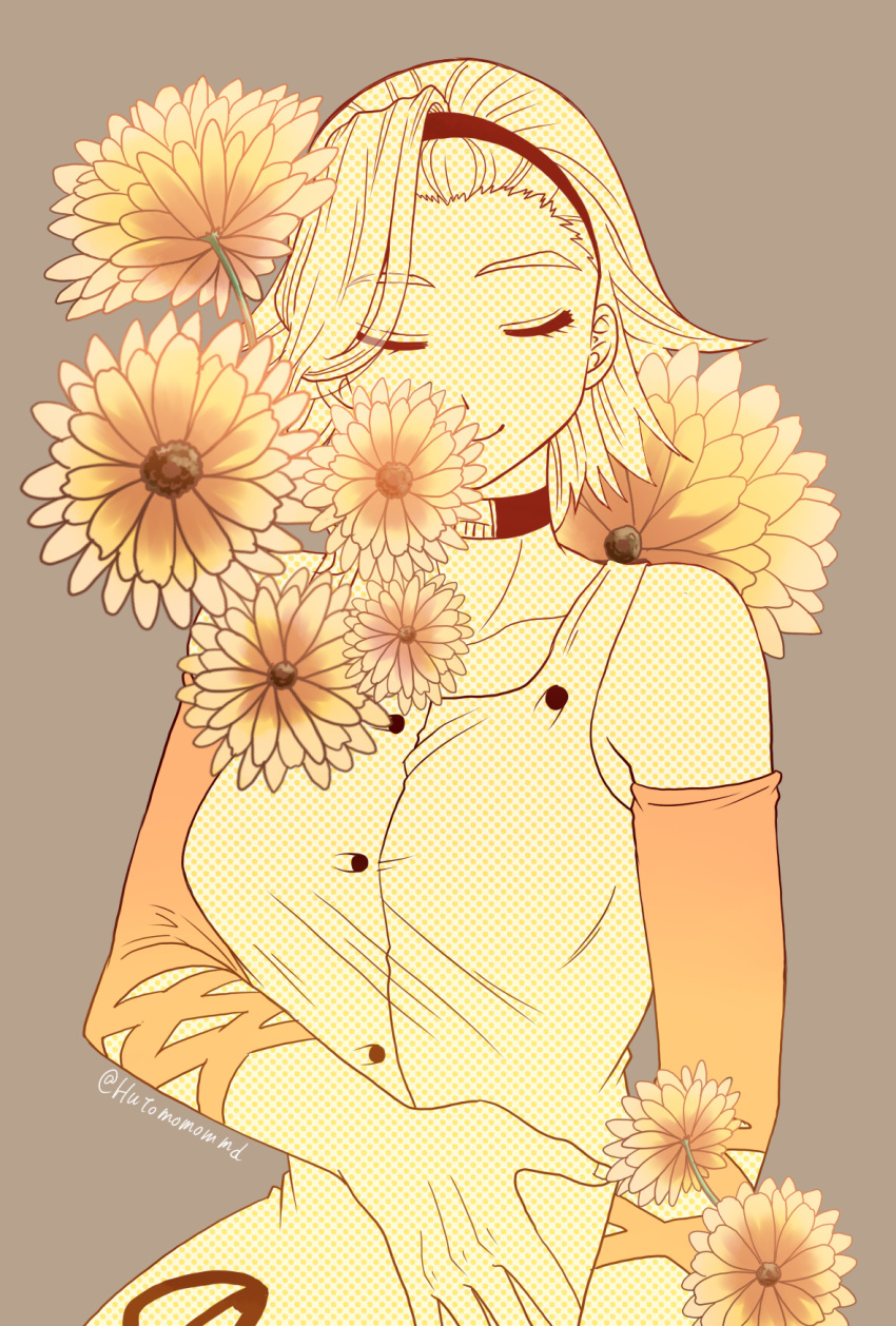 1girl, arm_warmers, choker, closed_eyes, dress, flower, hairband, highres