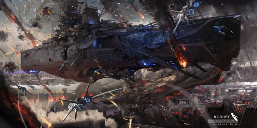 aerial_battle, aircraft, airplane, artist_name, battle, battleship, city, debris, explosion, fighter_jet, fire, jet, military, military_vehicle, no_humans, original, science_fiction, ship, smoke, stu_dts, tracer_fire, warship, watercraft
