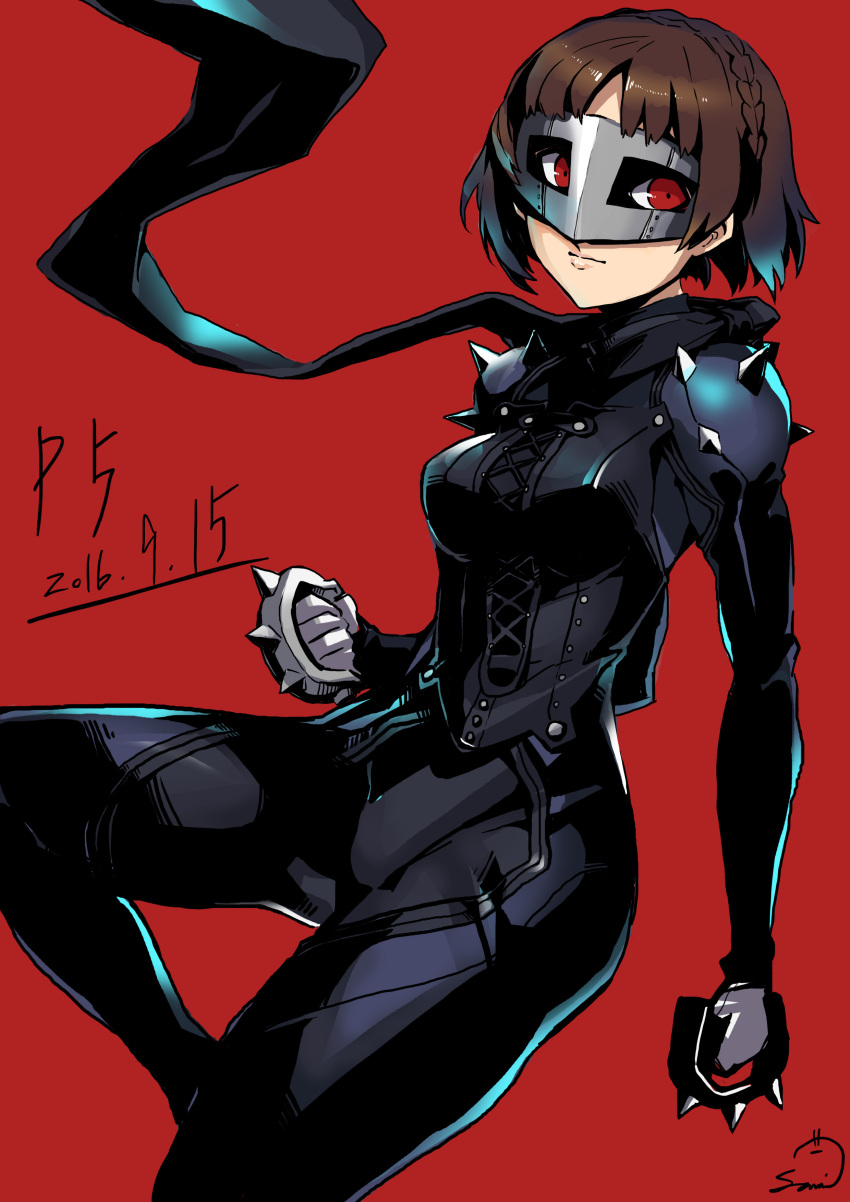 1girl, absurdres, bodysuit, brown_hair, highres, mask, niijima_makoto, persona